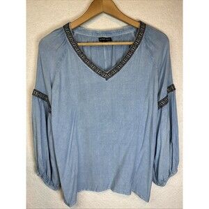 Style Envy size S Chambray colorful embroidered v-neck longer sleeve blouse top